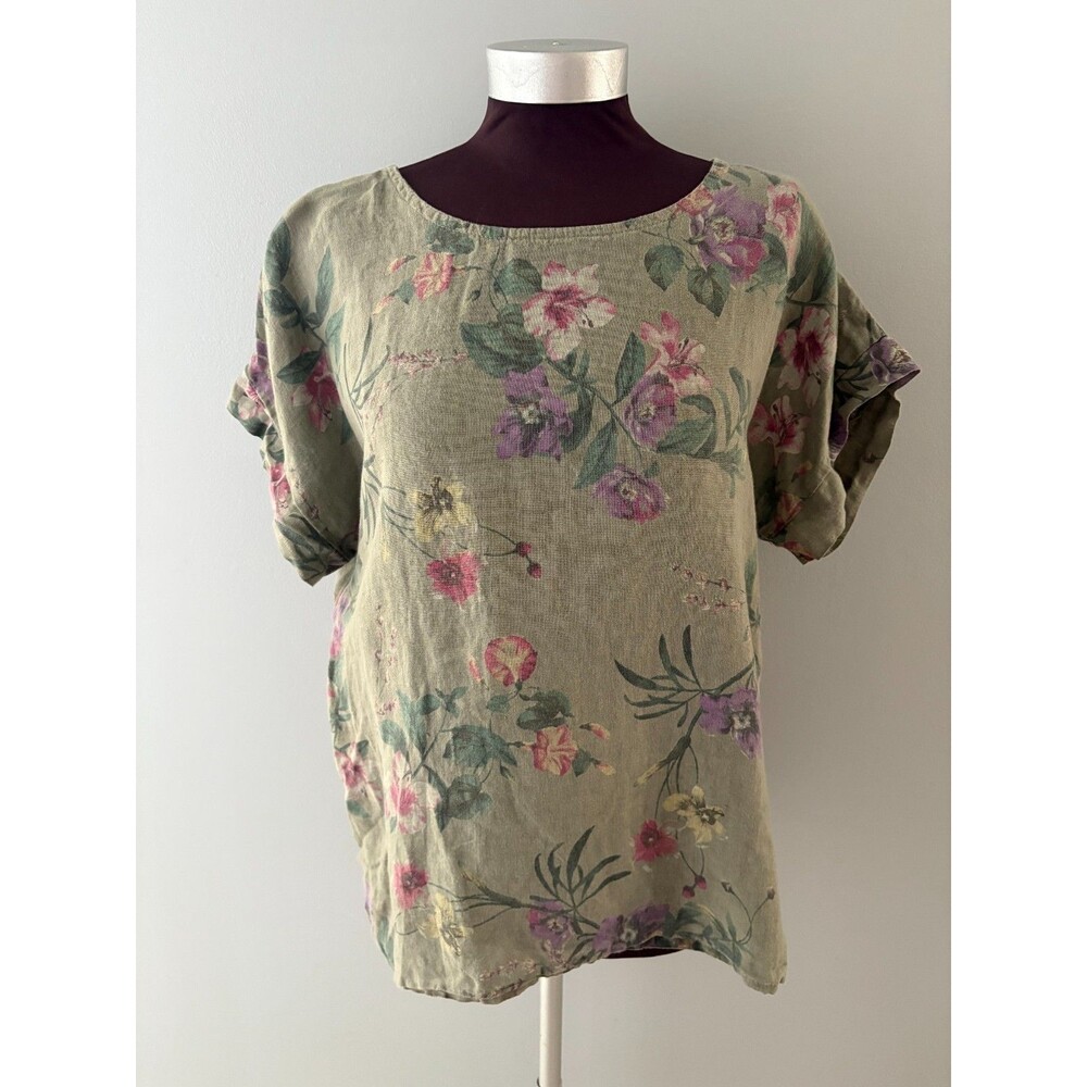 Bellambra Linen Top Size M Green Floral Forest Cottagecore Summer Fall Prairie